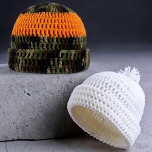 Handmade Crochet Beanie Set Camo Orange Stripe & Solid White Pom Pom Winter Hats